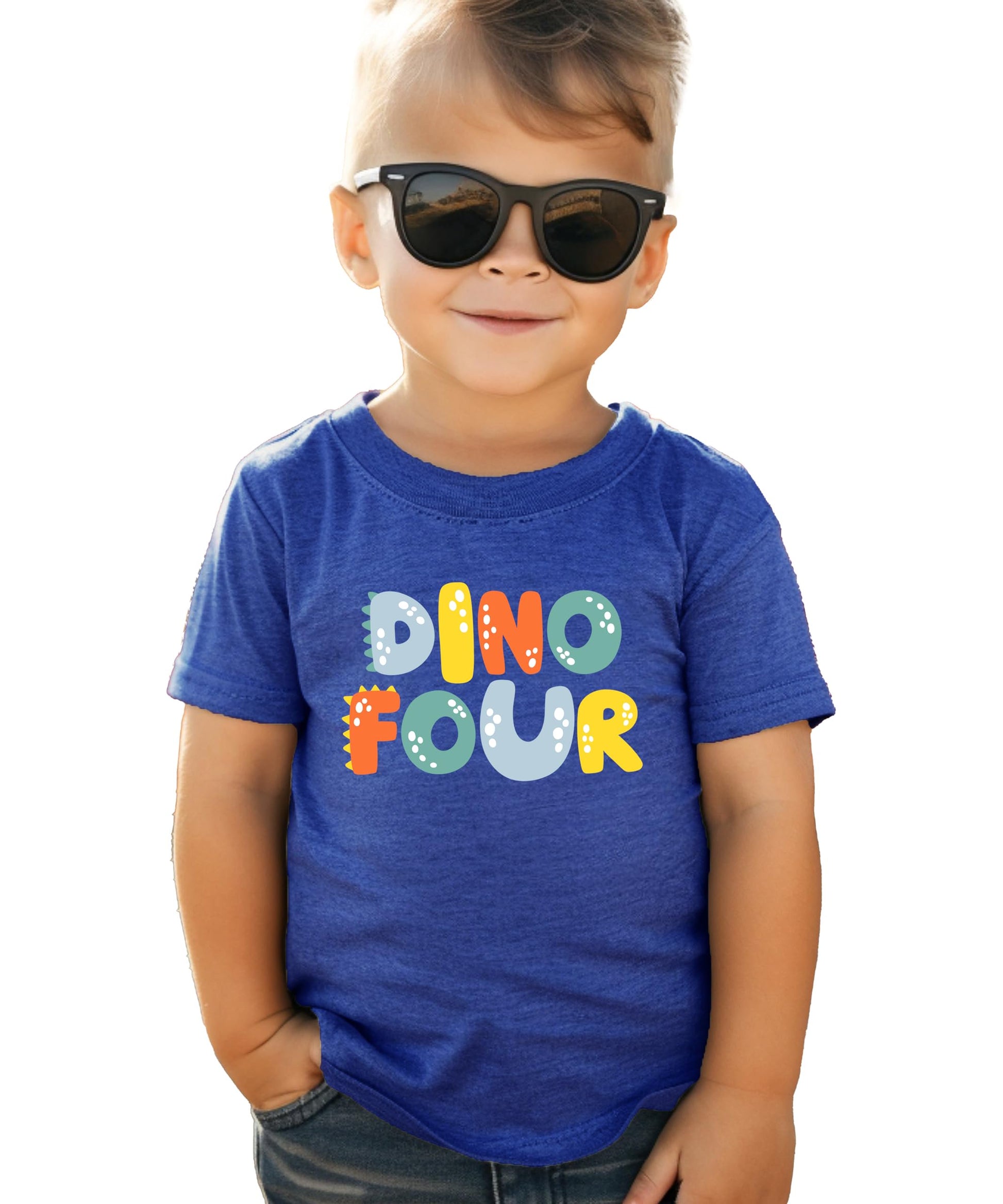 Kids dinosaur 4th birthday shirt with vintage dino graphic and 'Four' text in royal blue