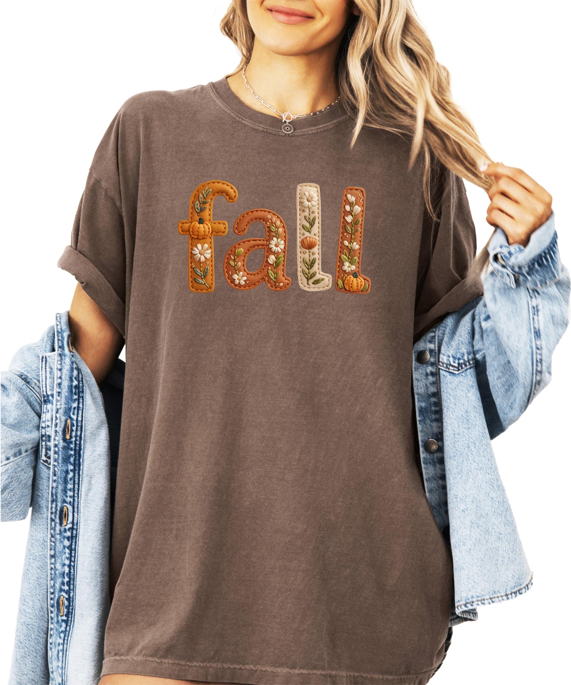 Side view of women's trendy fall tee with faux stitched design