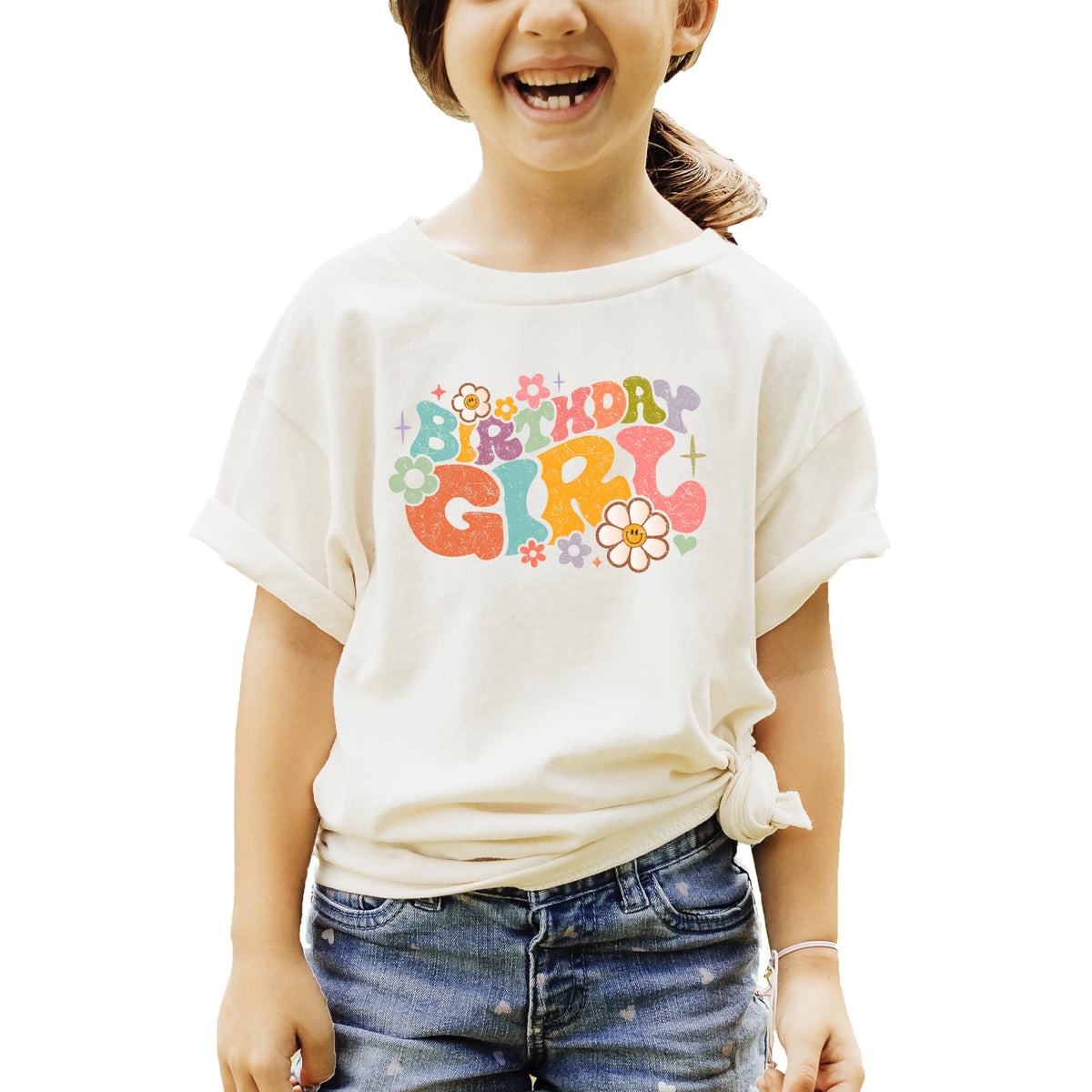 Birthday girl groovy flowers natural shirt for toddler and youth girls with retro floral graphic