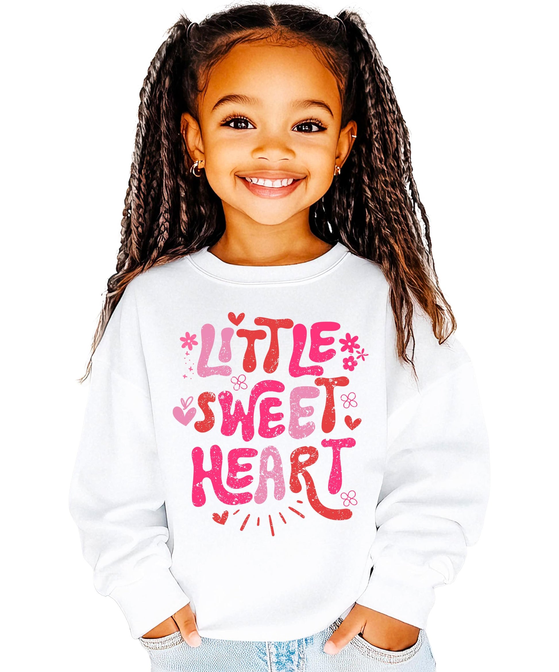Girls modeling the Little Sweet Heart Valentine sweatshirt with pink hearts and flowers design