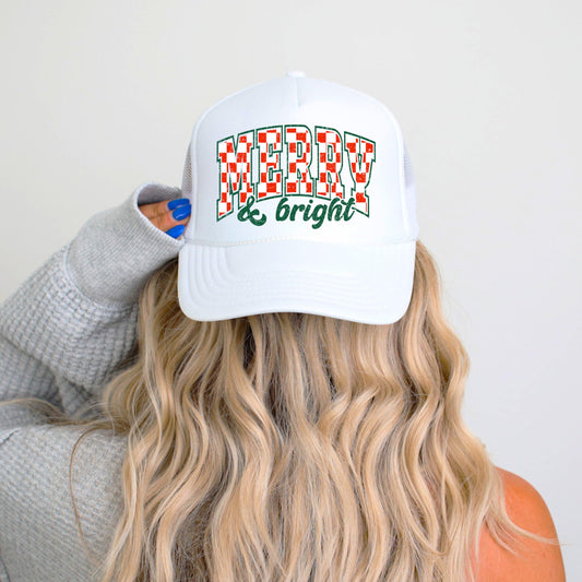 Vintage Merry and Bright Check Trucker Hat Retro Unisex Christmas Hat