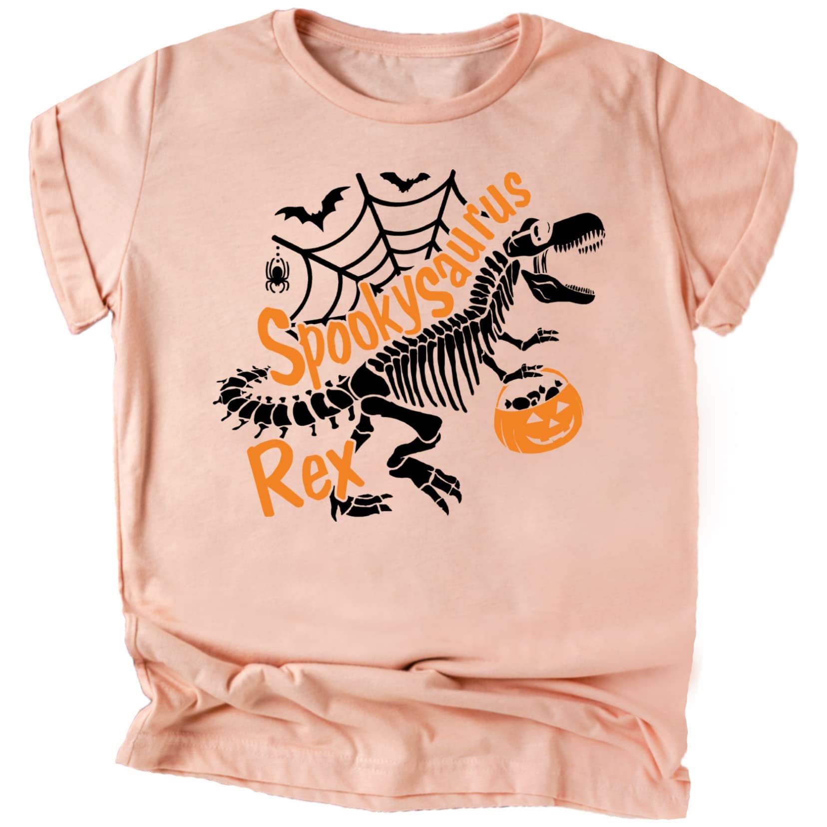 Flat lay of kids skeleton dinosaur trick or treat shirt in vintage burgundy — fall Halloween tee