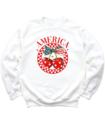 Olive Loves Apple America Cherry Sweatshirt for Women, Teens, & Kids Patriotic Coquette Bow and Cherries Sweater