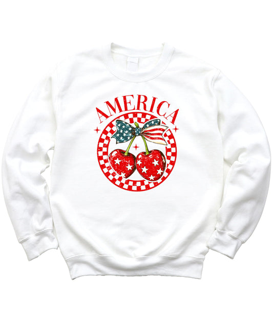 Olive Loves Apple America Cherry Sweatshirt for Women, Teens, & Kids Patriotic Coquette Bow and Cherries Sweater