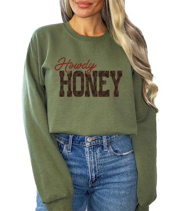 Olive Loves Apple Trendy Howdy Honey Sweatshirt for Women - Vintage Western Cowgirl Country Southern Pullover