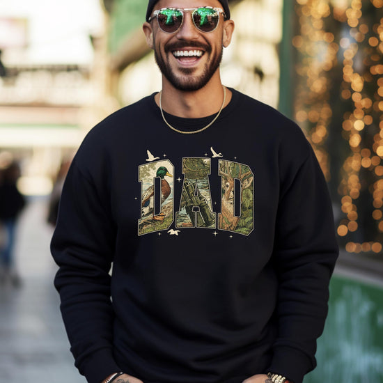 Dad wearing retro camo hunting pullover sweatshirt with vintage graphic design