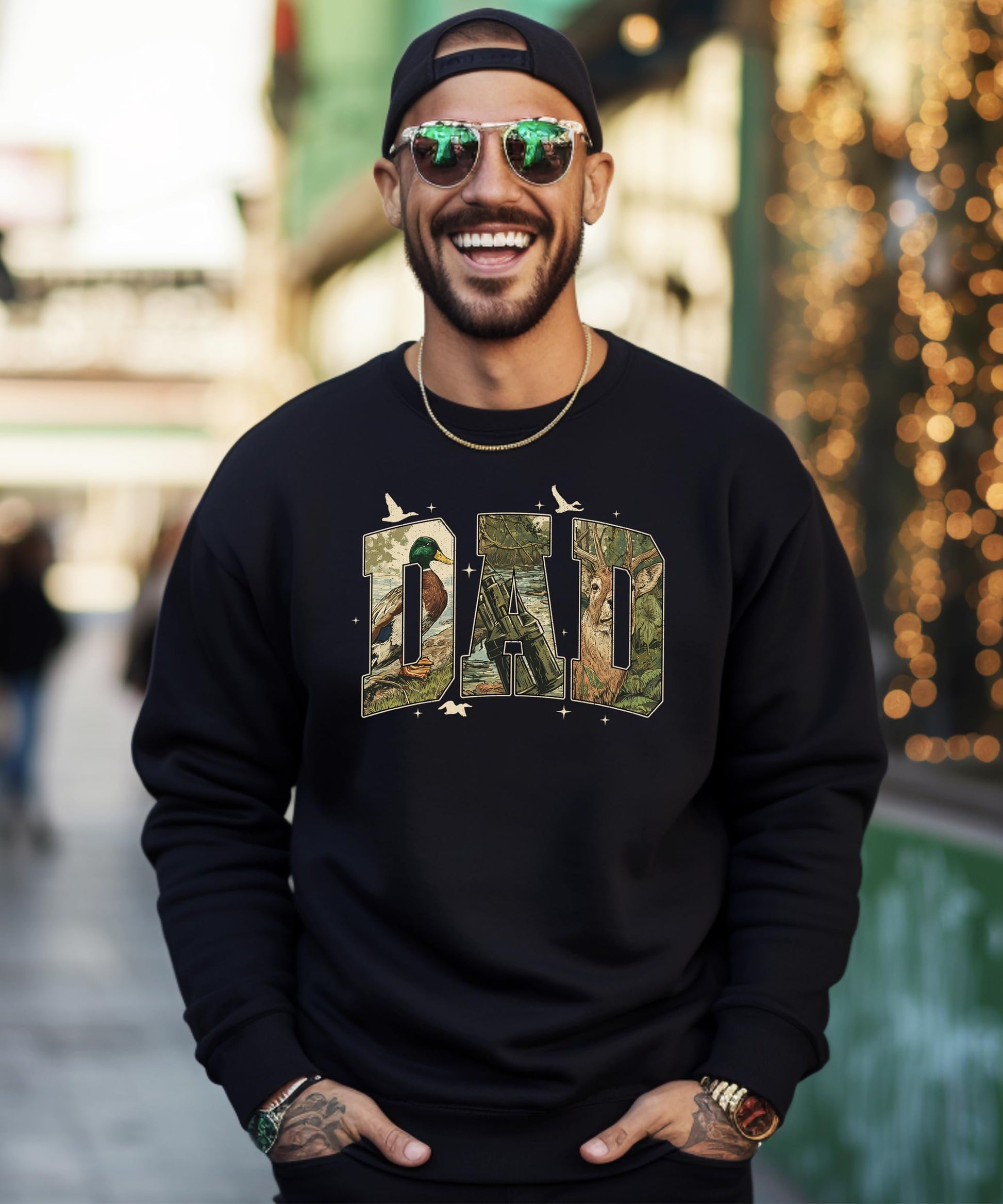 Dad wearing retro camo hunting pullover sweatshirt with vintage graphic design