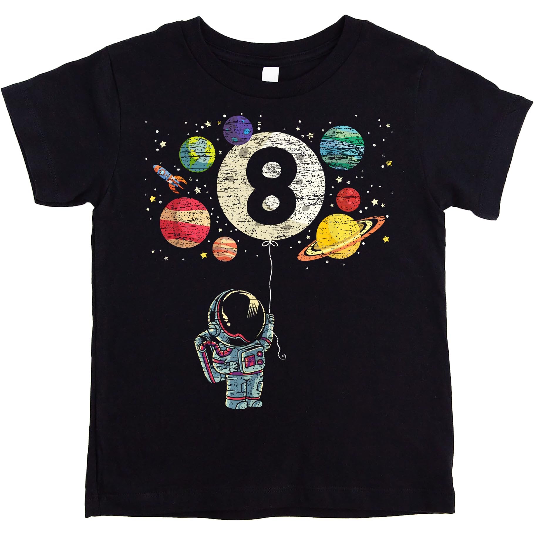 Close-up of space-themed birthday tee featuring rocket, moon balloon, and colorful planets