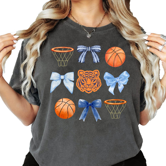 Side or alternate view of Tigers mascot basketball bow graphic tee for women