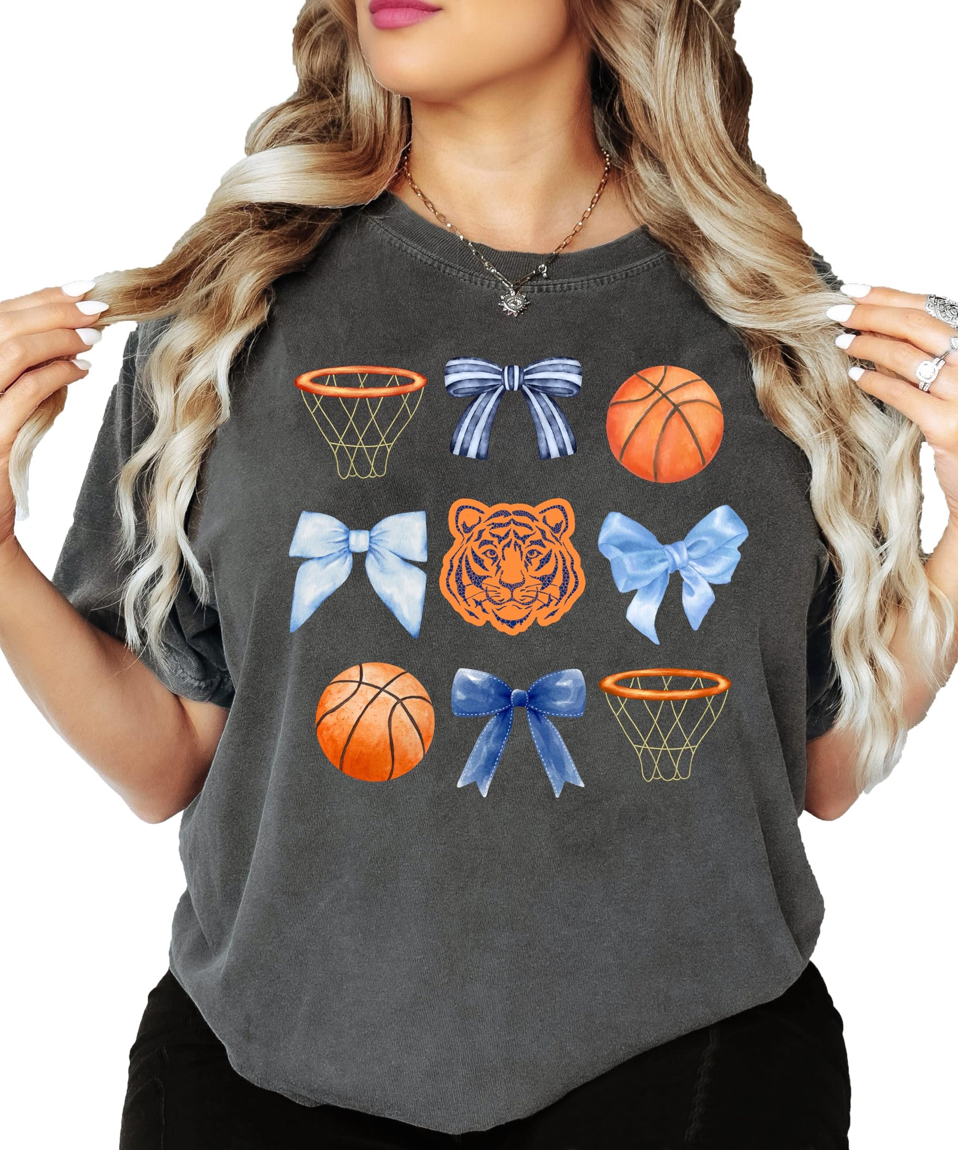Side or alternate view of Tigers mascot basketball bow graphic tee for women