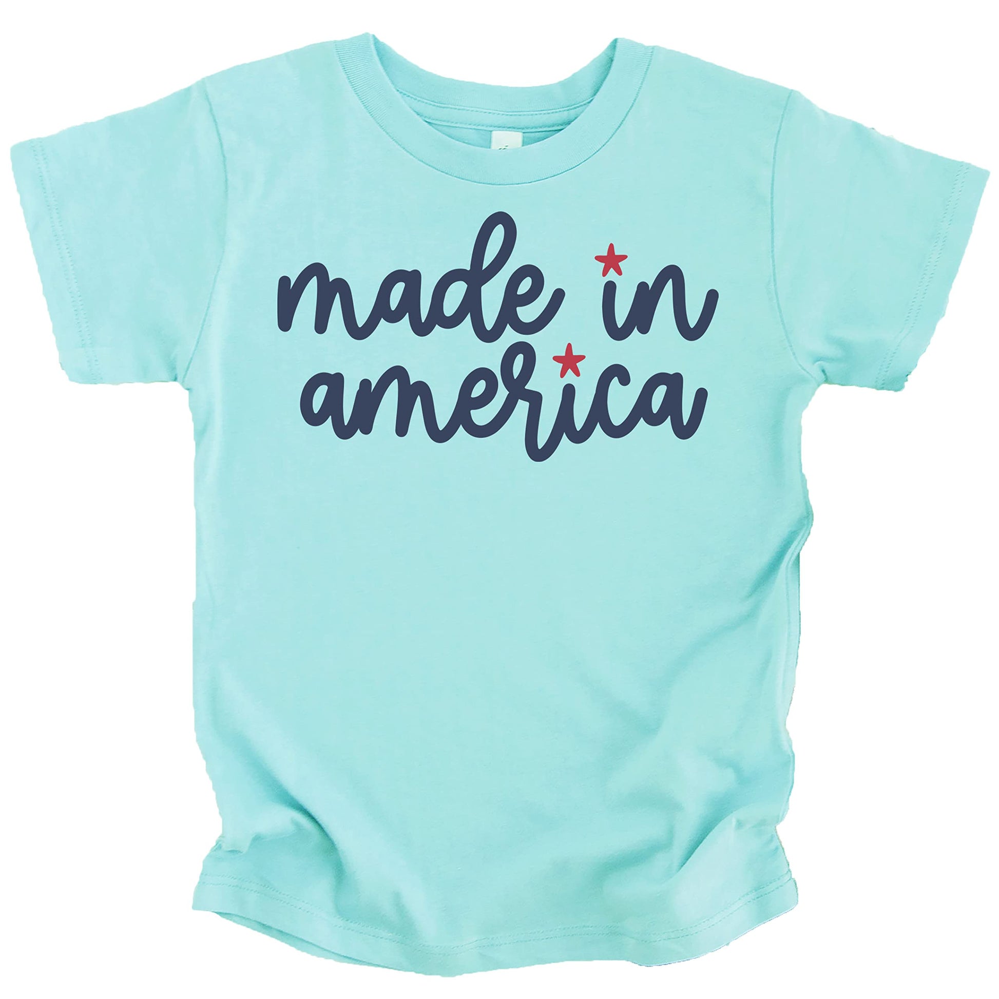 White on pink Made in America graphic tee for toddler girls, 4th of July patriotic design