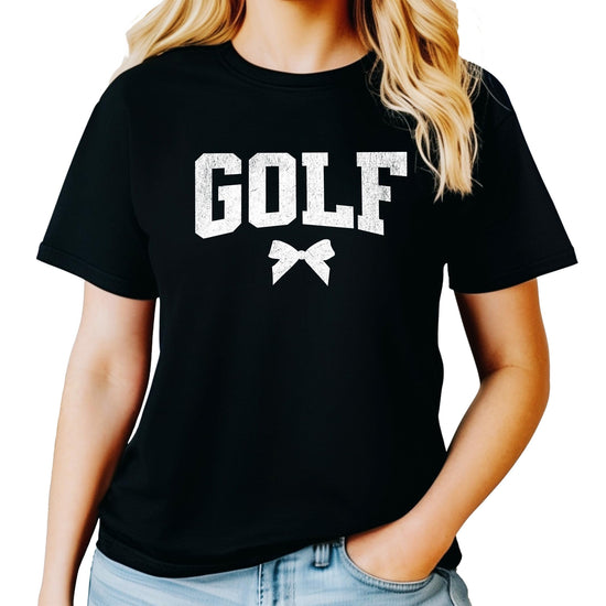 Girly vintage golf graphic tee with bow detail, back or side angle view