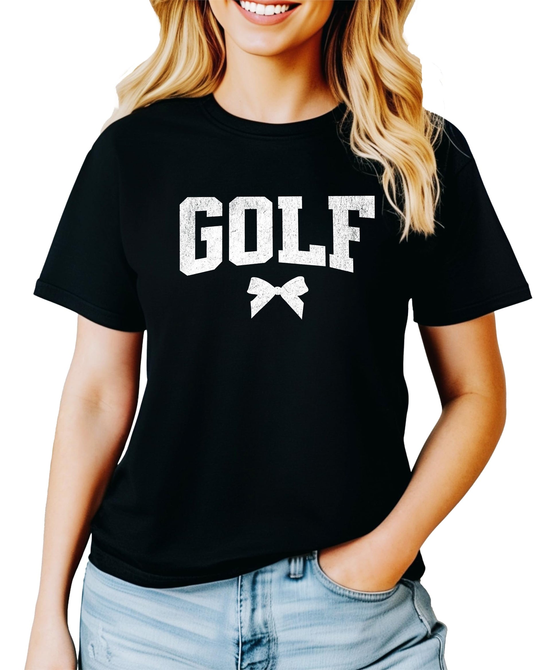 Girly vintage golf graphic tee with bow detail, back or side angle view