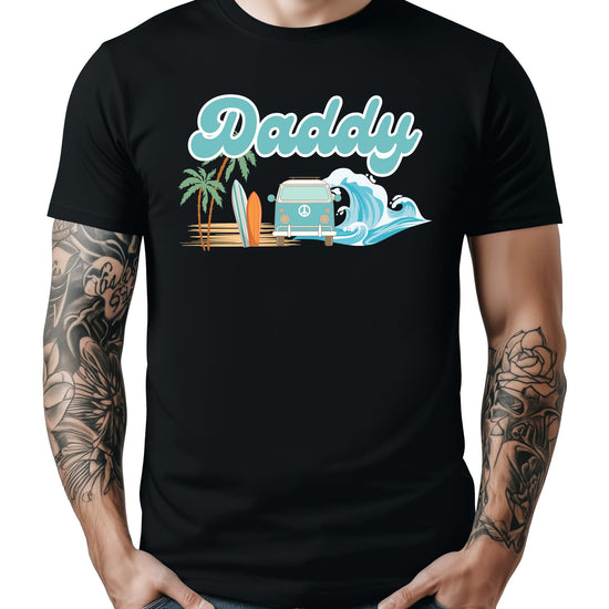 Family matching The Big One surf birthday shirts featuring daddy tee in natural color