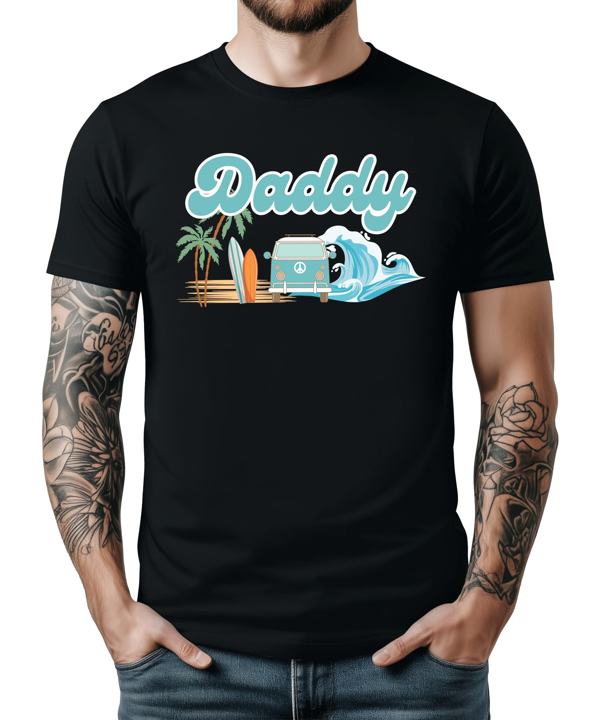 Family matching The Big One surf birthday shirts featuring daddy tee in natural color