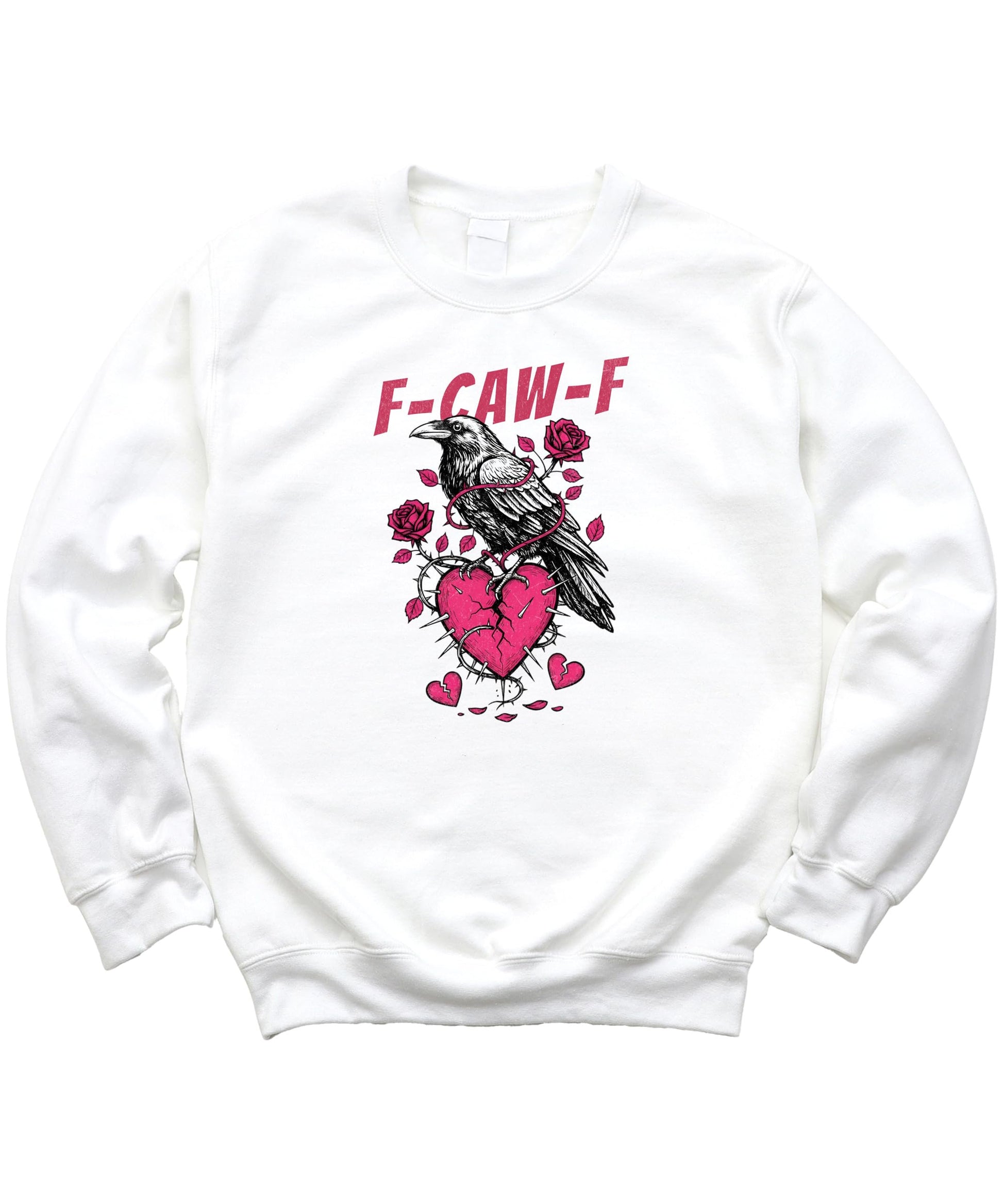 Flat lay of white Valentine's Day sweatshirt featuring crow and broken heart design