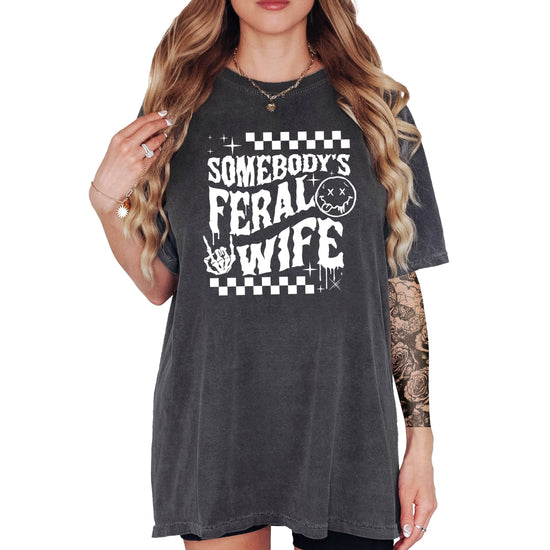 Somebody's Feral Wife graphic tee detail shot showing print quality