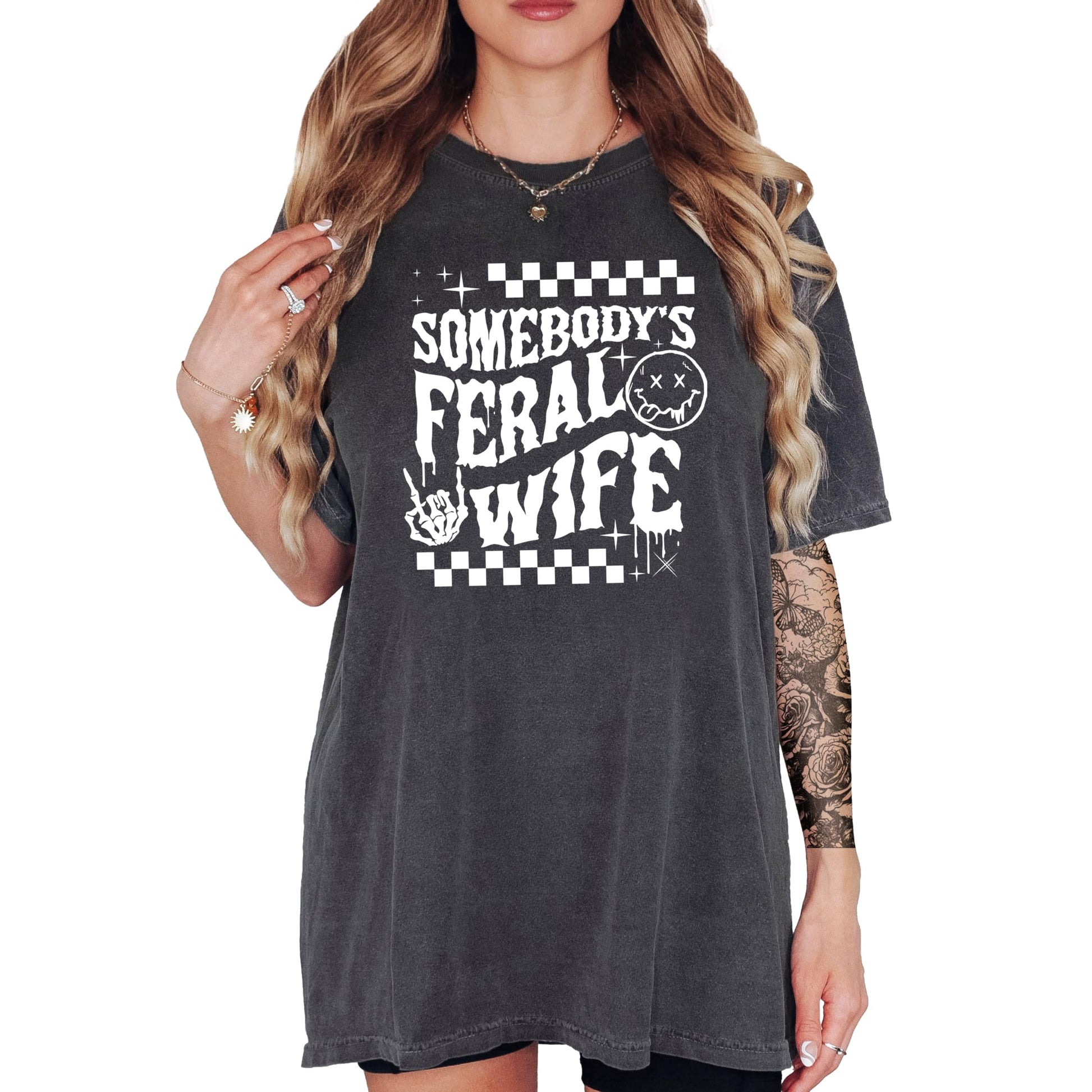 Somebody's Feral Wife graphic tee detail shot showing print quality