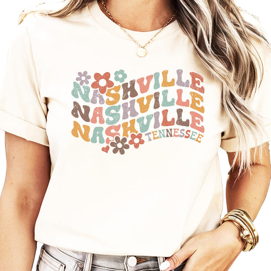 Front view of Nashville Tennessee multicolor groovy lettering graphic tee