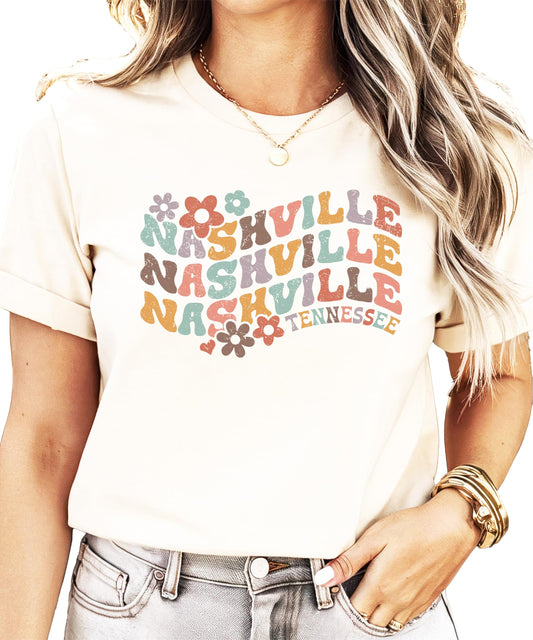 Front view of Nashville Tennessee multicolor groovy lettering graphic tee
