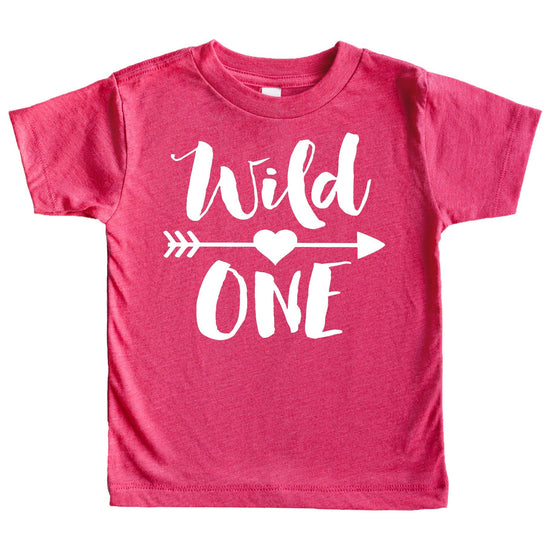 Baby girl wearing Wild One 1st birthday shirt front view
