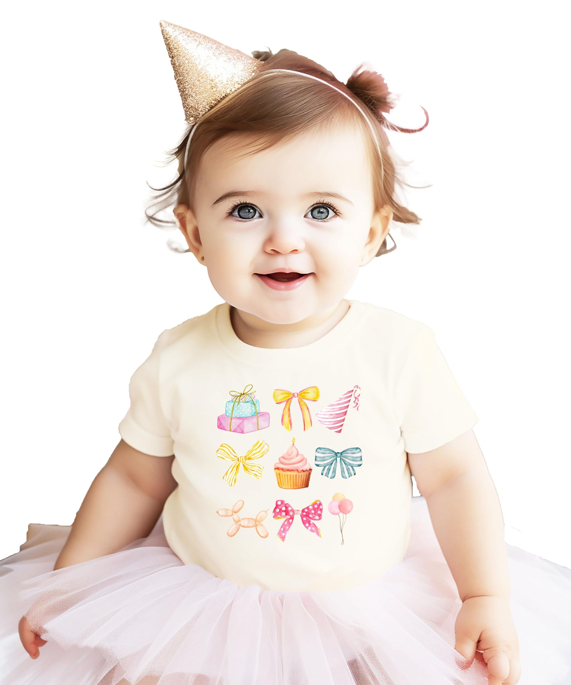 Girly coquette birthday graphic tee for toddlers and girls with watercolor cupcakes, bows, and balloons design in pink