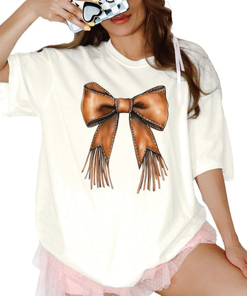 Western Leather Coquette Bow Shirt for Women & Teens Cowhide Fringe Bow Tee