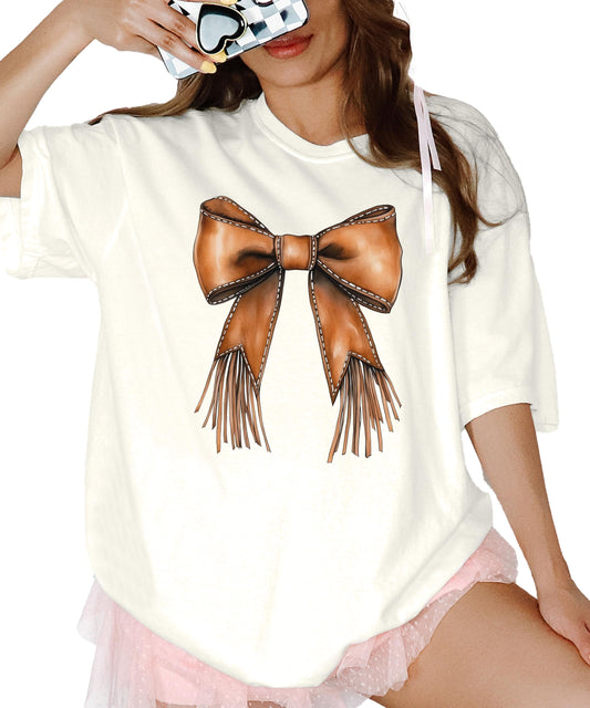 Western Leather Coquette Bow Shirt for Women & Teens Cowhide Fringe Bow Tee