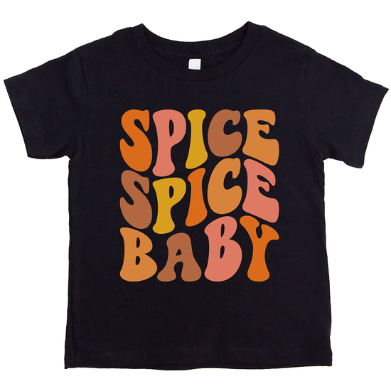 Flat lay of Spice Spice Baby graphic tee in burgundy for toddler Halloween look
