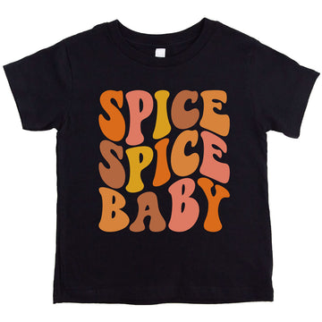 Flat lay of Spice Spice Baby graphic tee in burgundy for toddler Halloween look