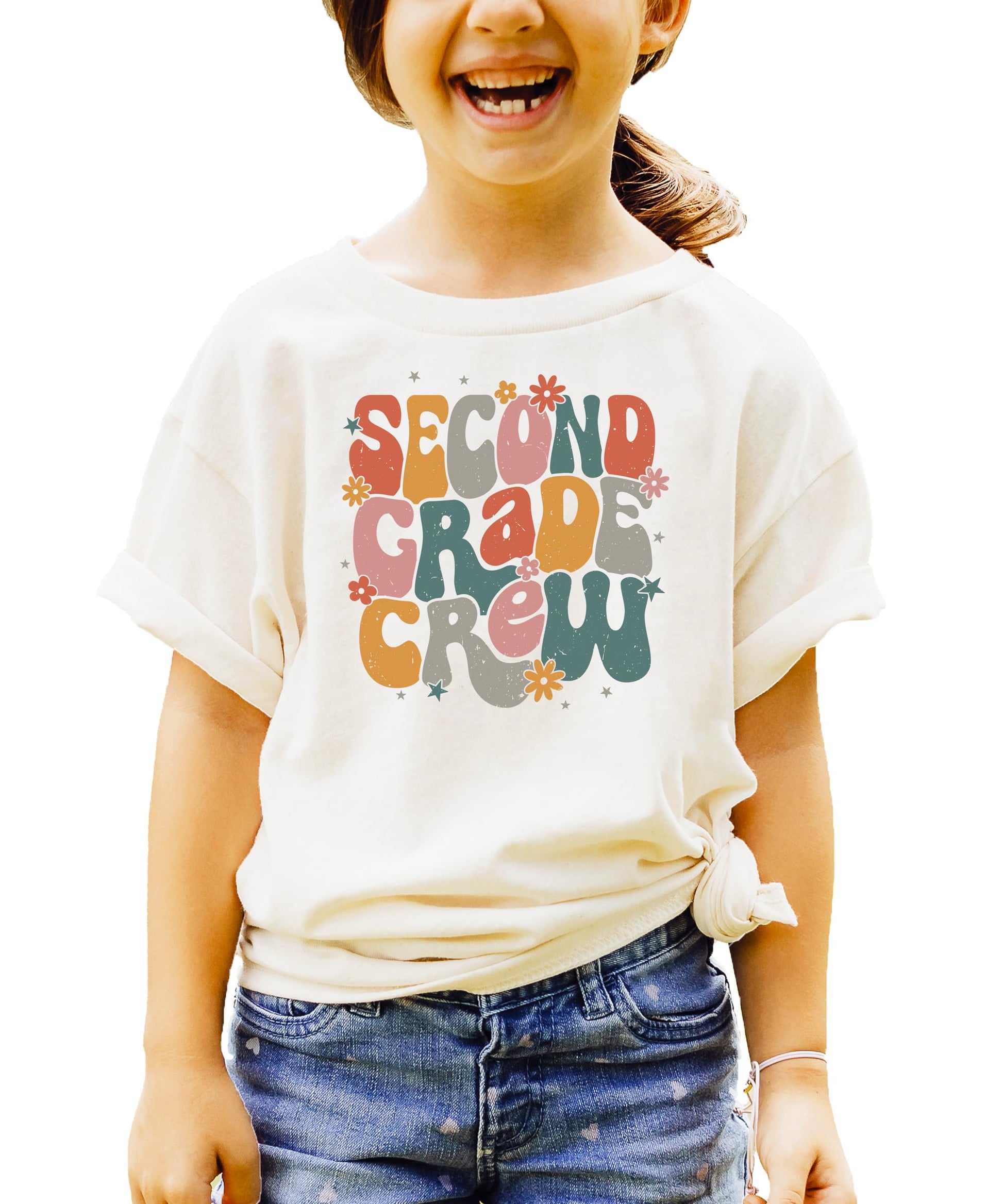 Toddler wearing retro second grade flower graphic tee for back to school