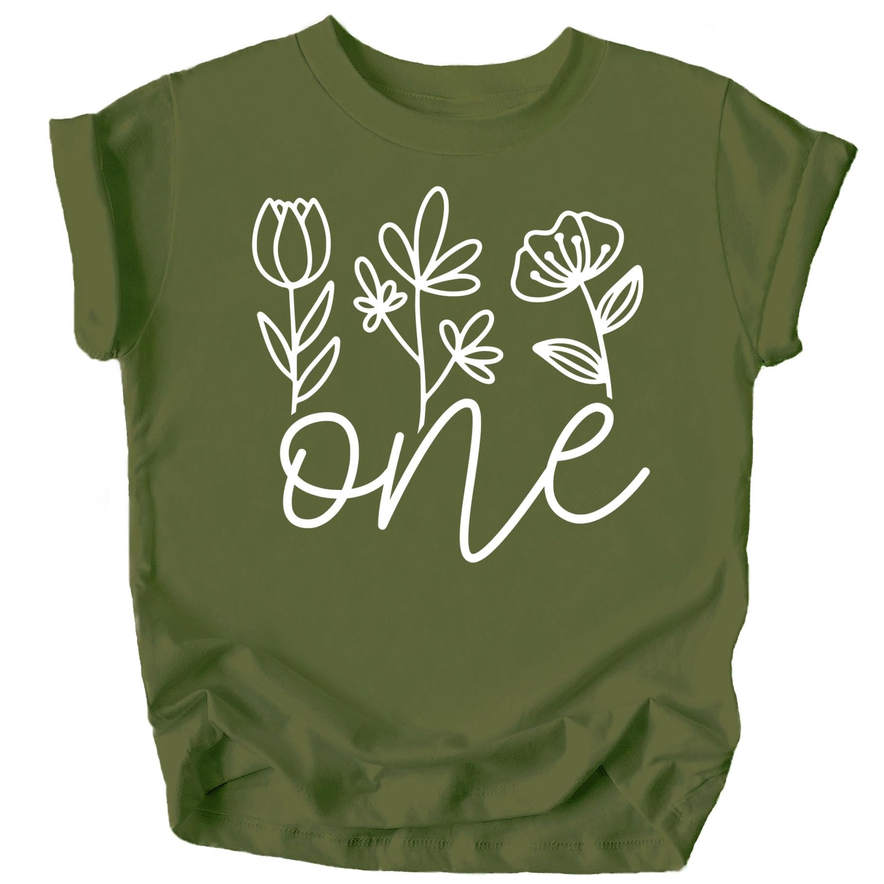 Baby girl wearing Floral One first birthday outfit in military green tee