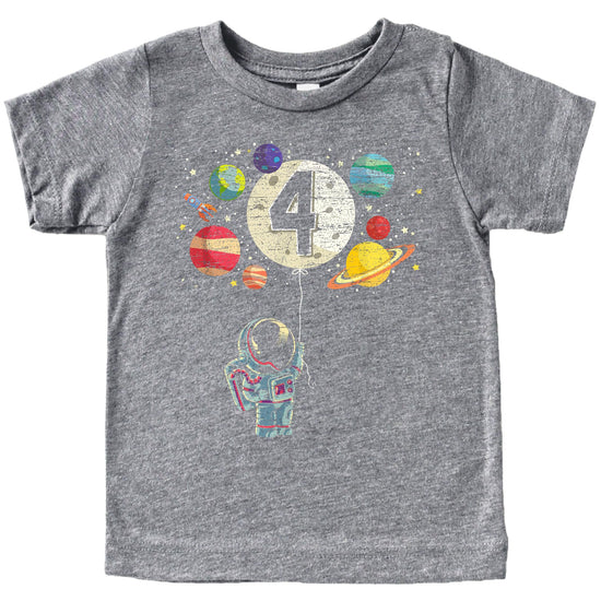 Kids black t-shirt with astronaut holding moon balloon surrounded by rocket and planets for 4th birthday