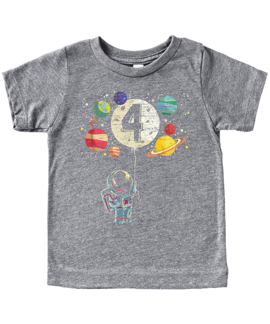 Kids black t-shirt with astronaut holding moon balloon surrounded by rocket and planets for 4th birthday