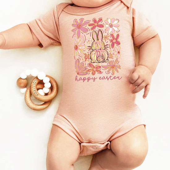 Newborn Easter onesie with boho floral and bunny illustration, natural colorway