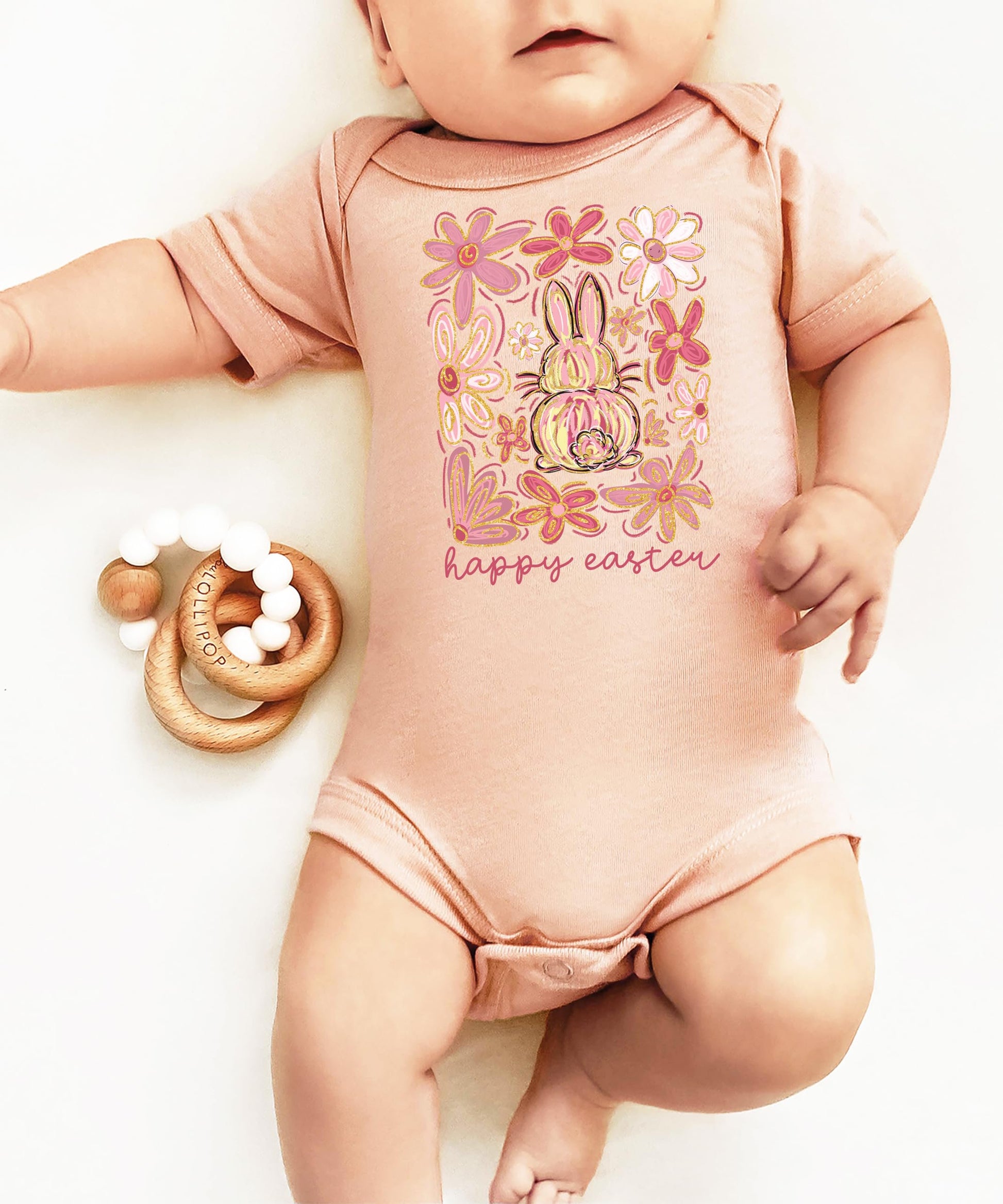 Newborn Easter onesie with boho floral and bunny illustration, natural colorway
