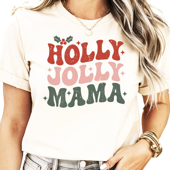 Holly Jolly Mistletoe mommy and me matching Christmas t-shirt in natural color with festive holiday graphic