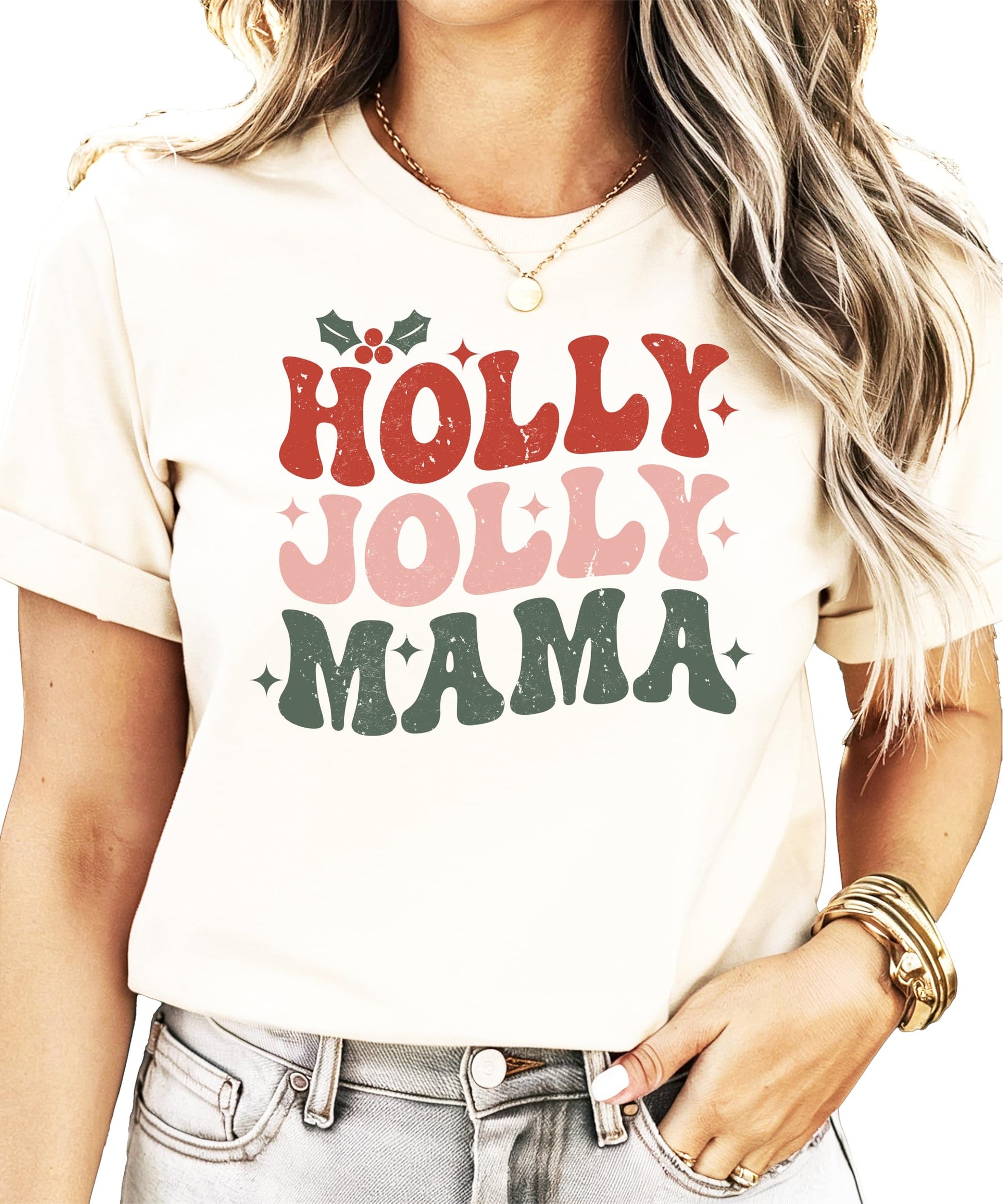 Holly Jolly Mistletoe mommy and me matching Christmas t-shirt in natural color with festive holiday graphic