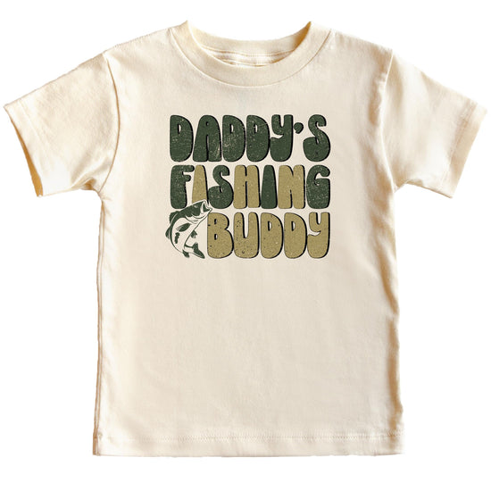Close-up of Daddy's Fishing Buddy print design on kids natural tee