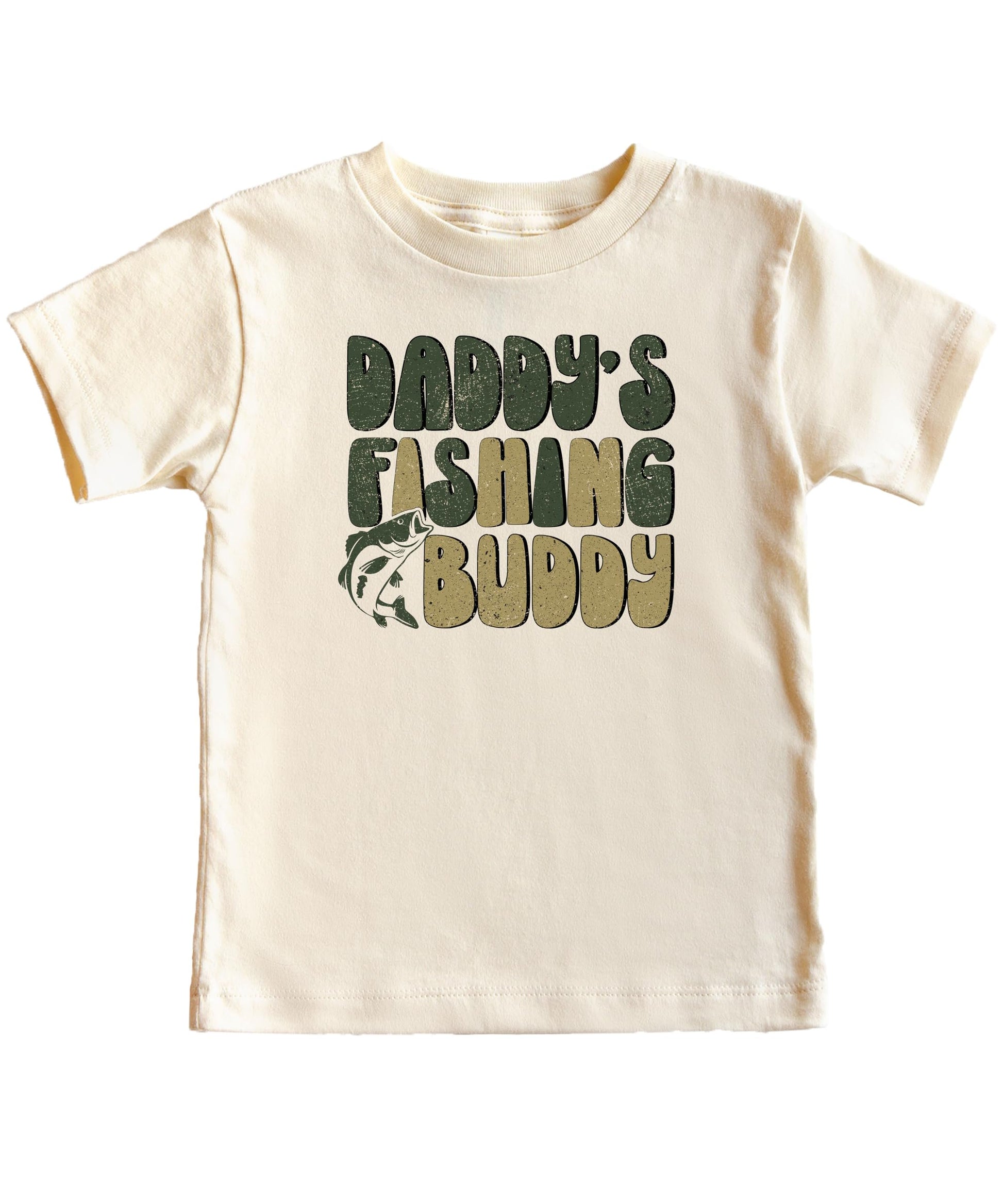 Close-up of Daddy's Fishing Buddy print design on kids natural tee