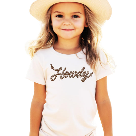 Close-up of Howdy rope design graphic on youth western shirt