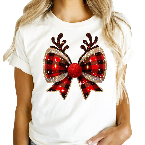 Christmas bow reindeer antlers tee styled for women and teens in a holiday casual look