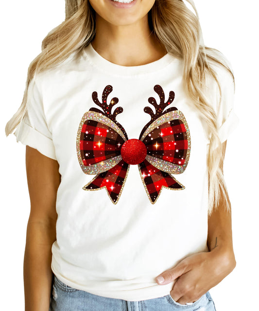 Christmas bow reindeer antlers tee styled for women and teens in a holiday casual look