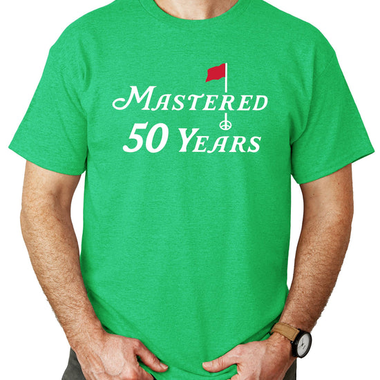 Front graphic detail of Mastered 50 Years 50th birthday golf tee