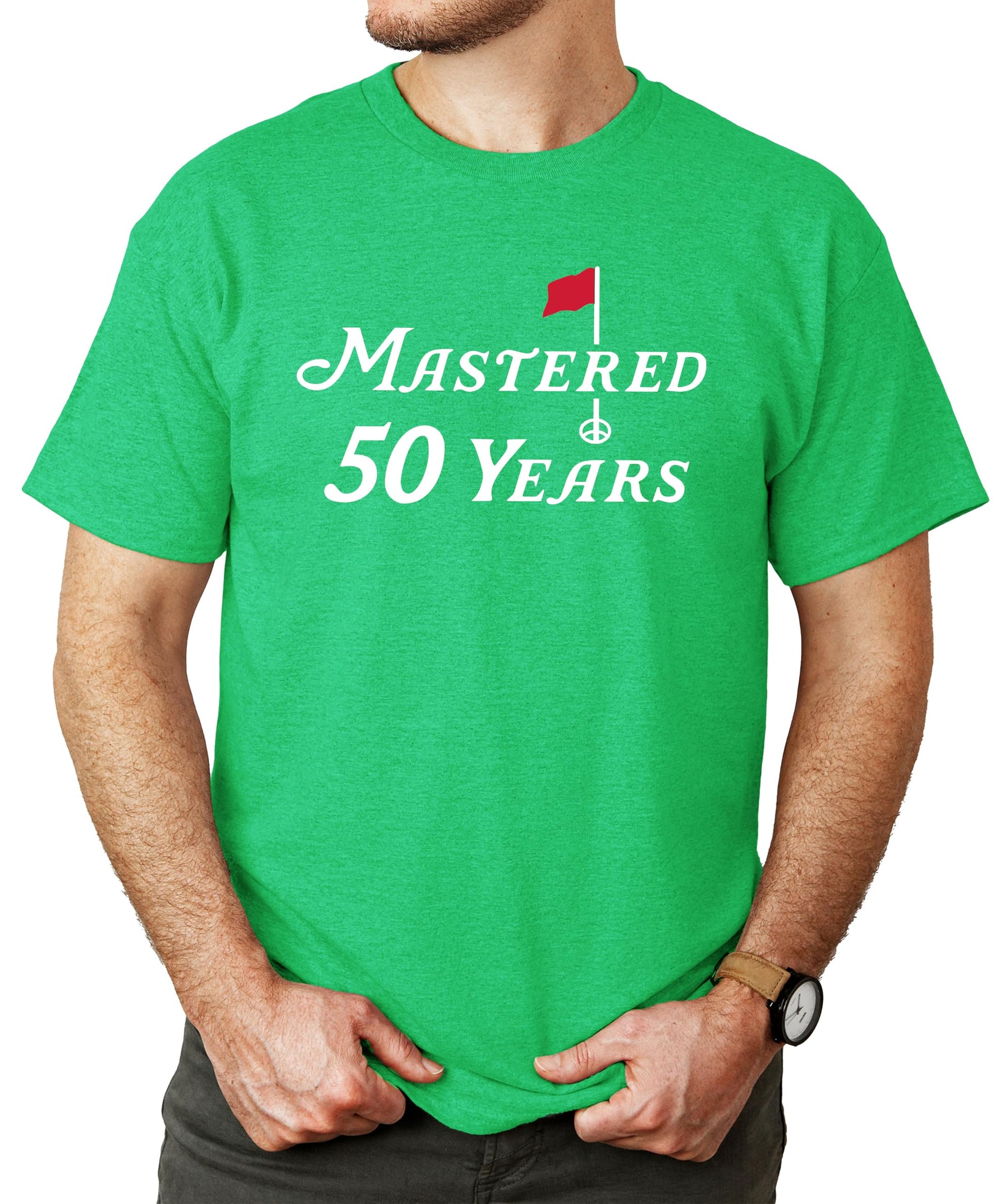 Front graphic detail of Mastered 50 Years 50th birthday golf tee