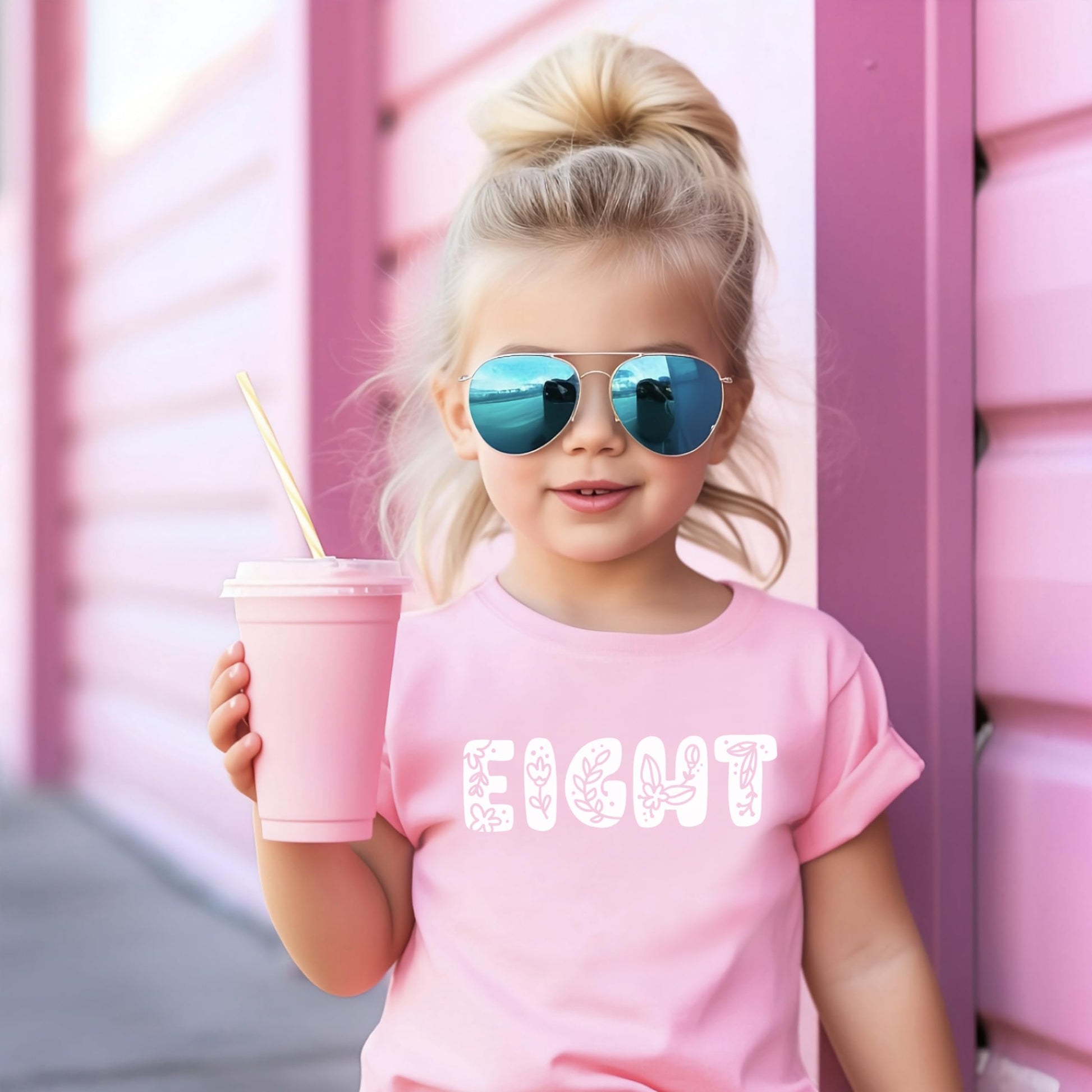 Flat lay of girls pink floral Eight birthday shirt youth sizing