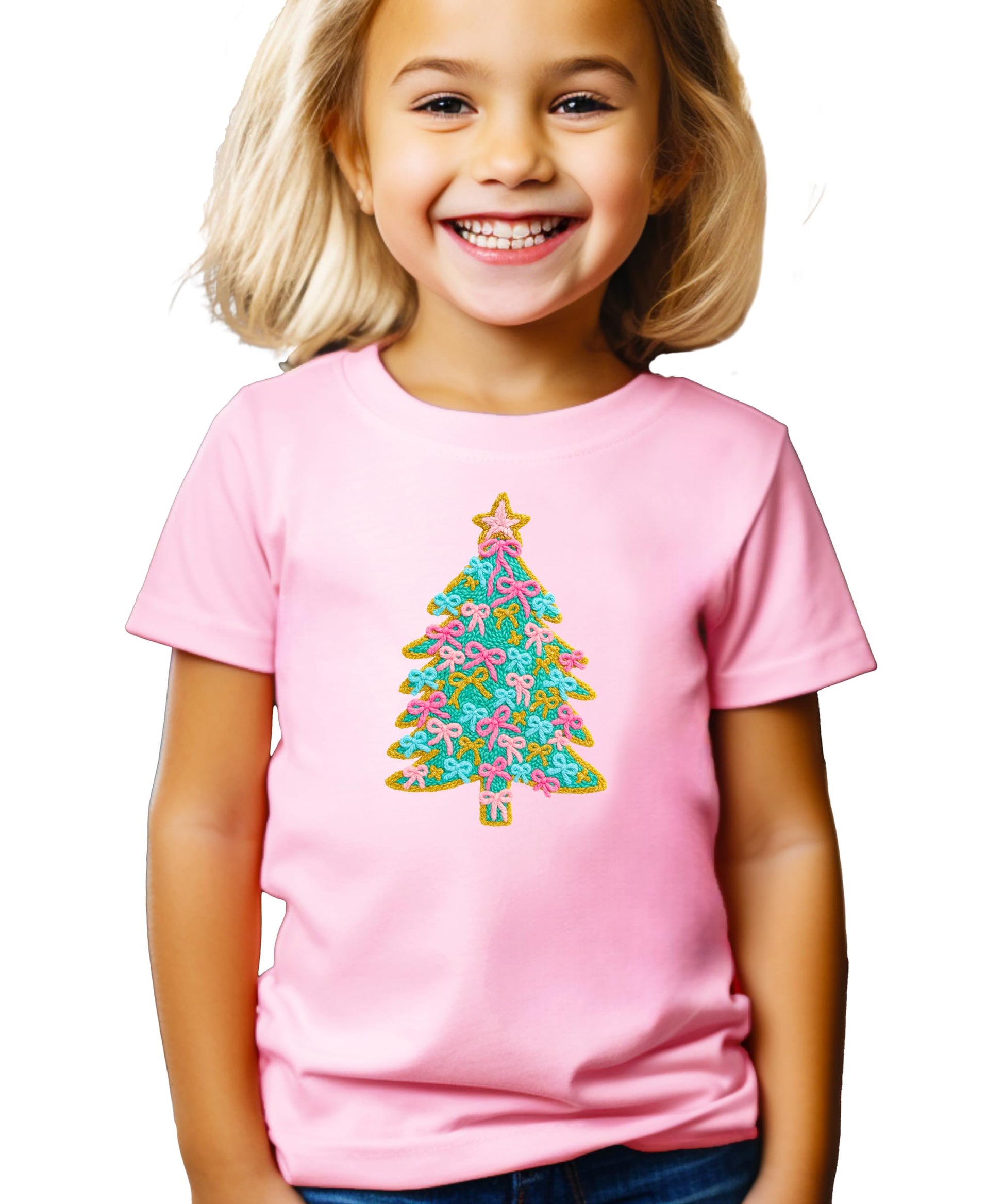 Front view of toddler Christmas tree graphic shirt with pink bows and gold star on natural fabric