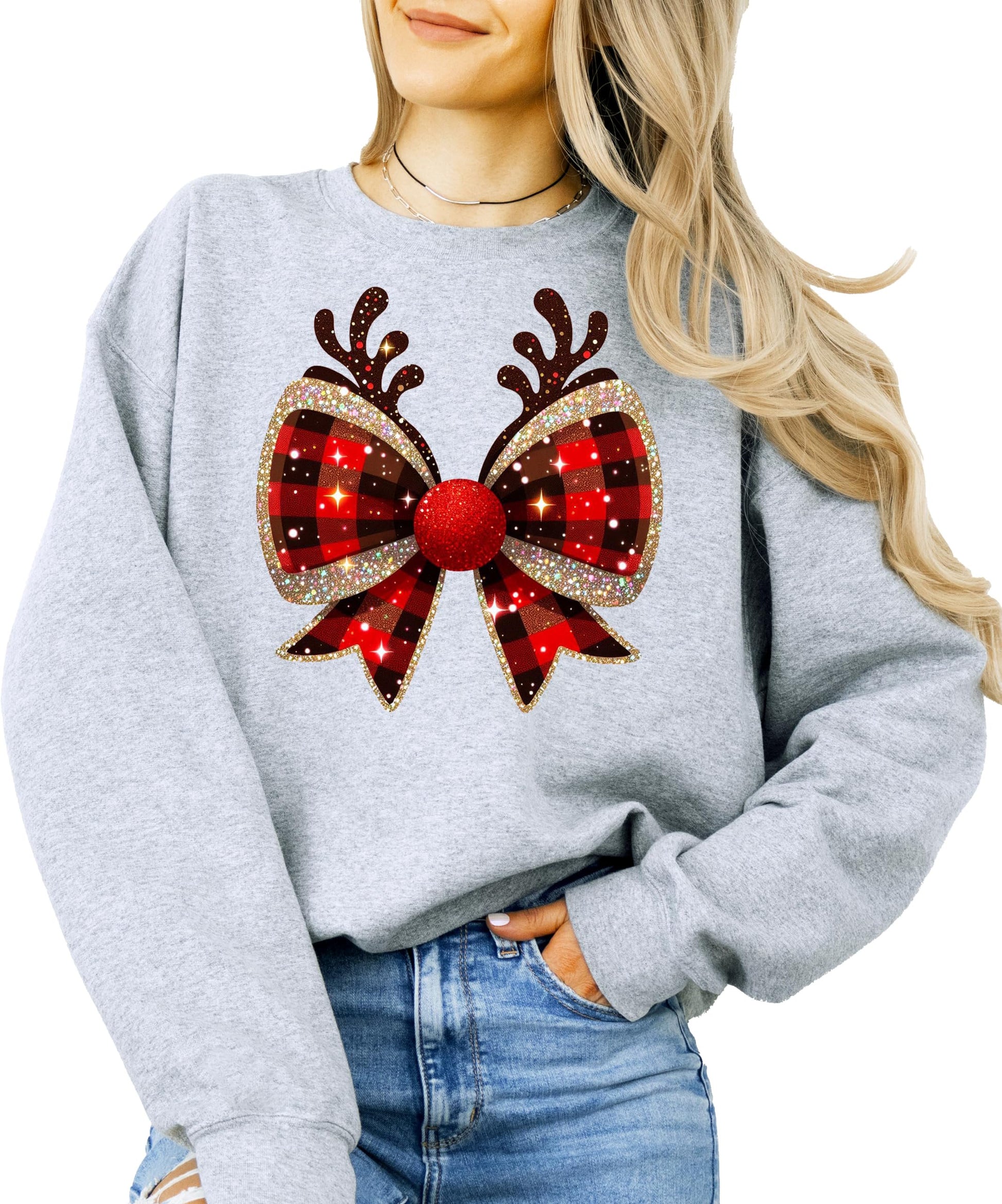 Christmas bow reindeer antlers graphic tee lifestyle photo worn by woman in festive setting