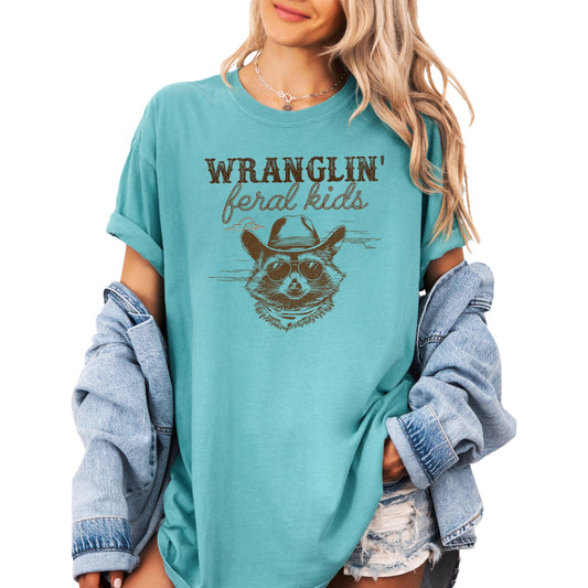 Wranglin' Feral Kids Shirt for Women Funny Graphic Cowboy Raccoon T-Shirt for Mom