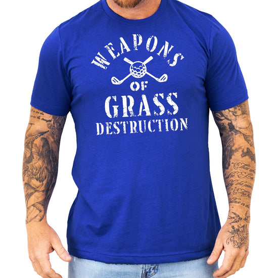 Side angle view of men's golf humor t-shirt with vintage distressed print